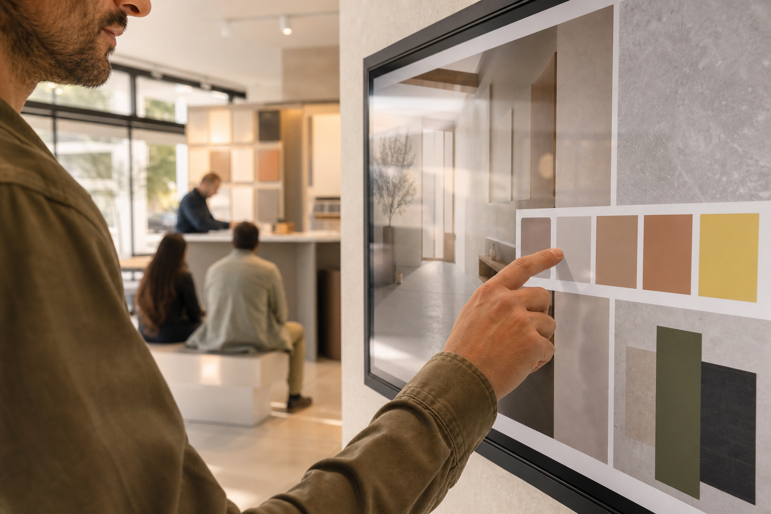 Una persona seleziona colori e finiture su un grande schermo touch